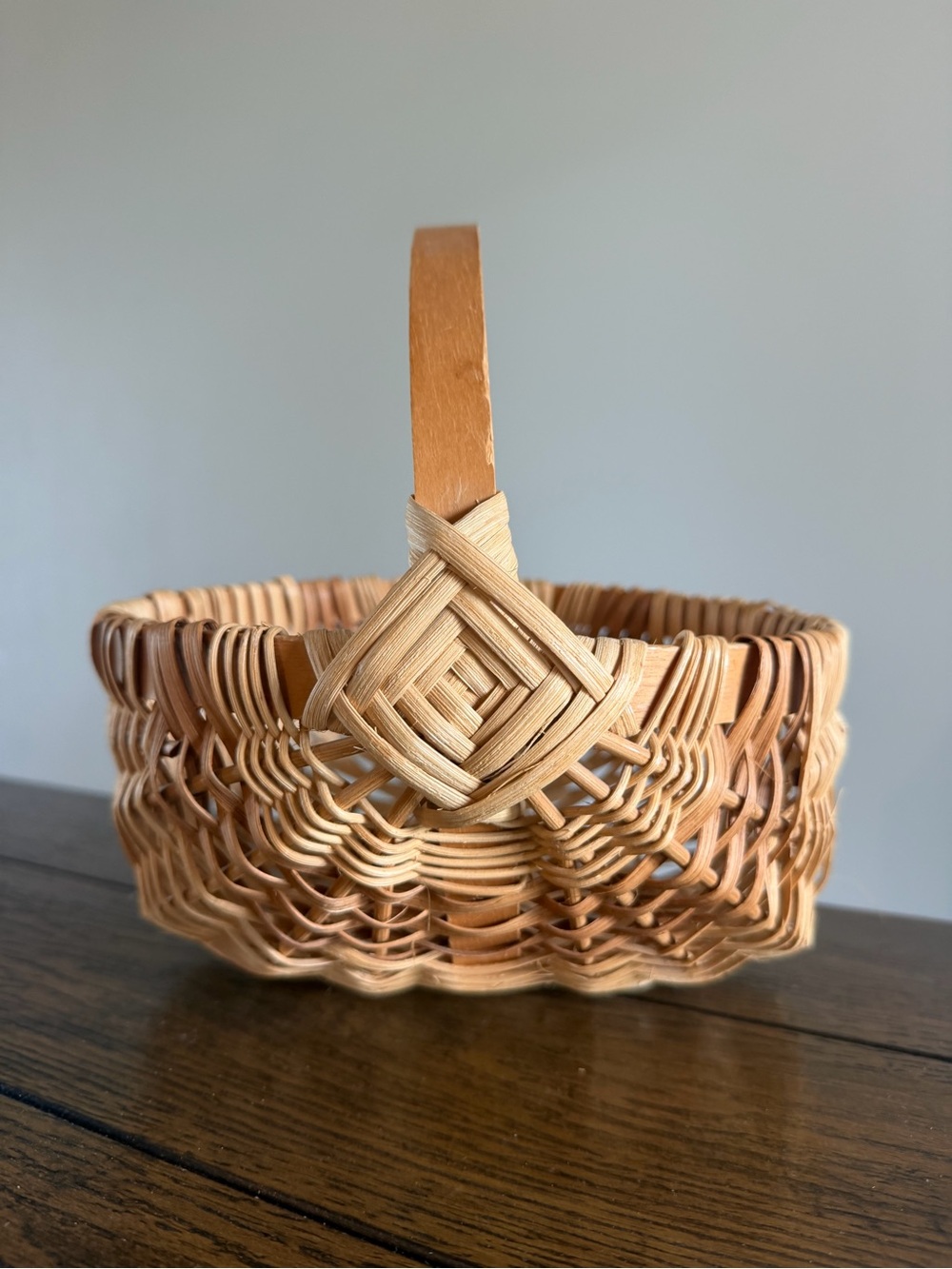 Buttocks Basket God's Eye Hand Woven Vintage Splint w Oak Handle Primitive Butt